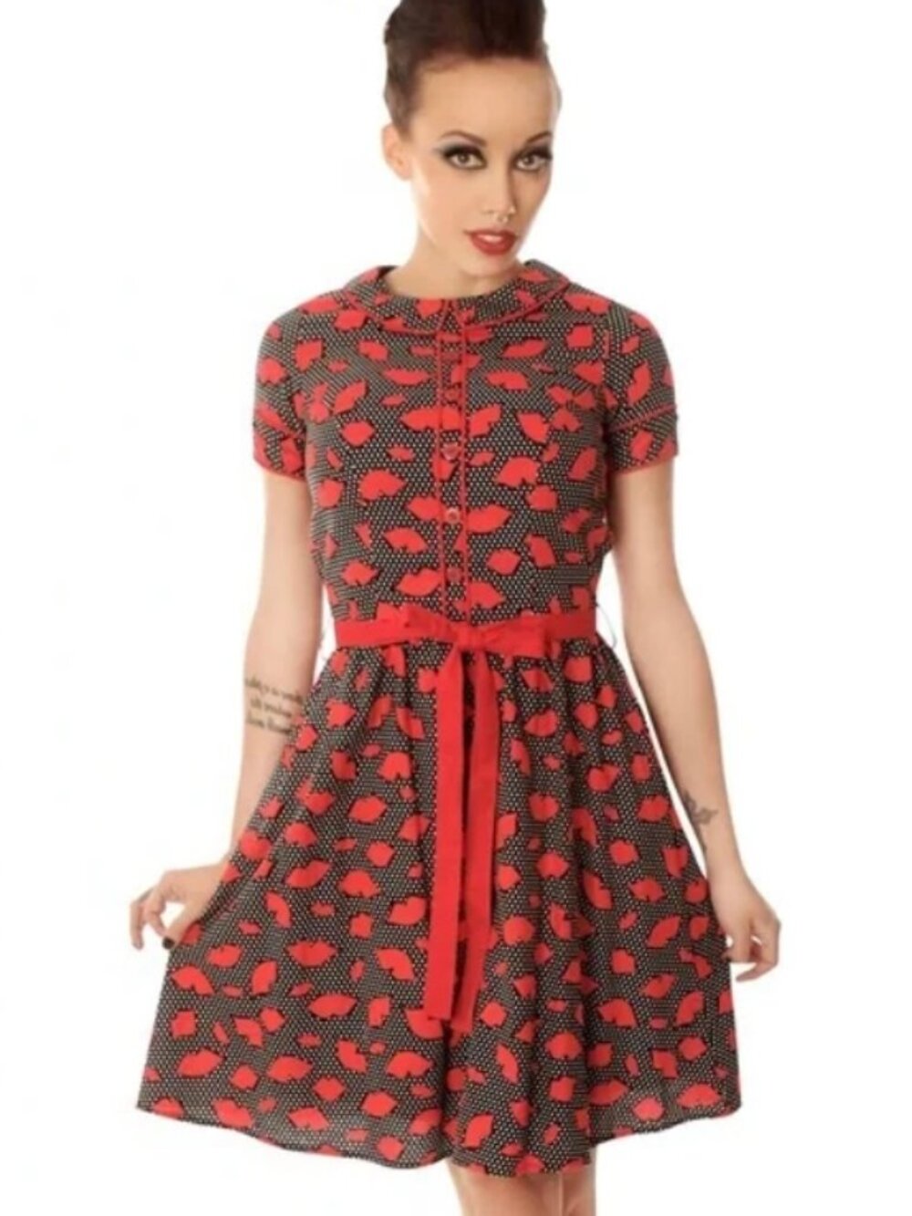Retrolicious Retro Lips Fit & Flare Dress in Red & Black Polka Dot w/ Collar - Picture 2 of 15